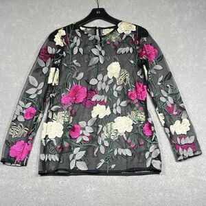 Pinko Ultra Pink Top Womens Small Black Sheer Floral Embroidered Crewneck Blouse